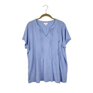 J Jill Linen Blend Pintuck Pleat Top Short Sleeve Blue Tunic Size XL